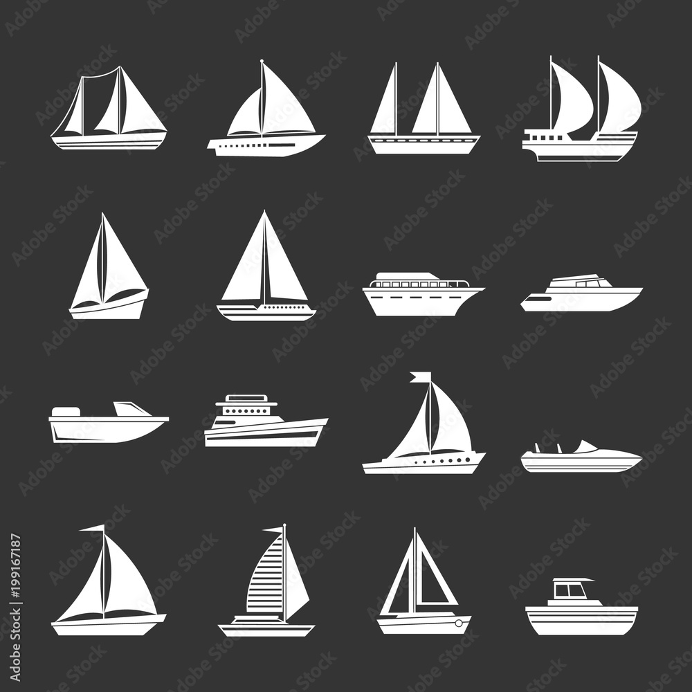 Boat and ship icons set grey vector