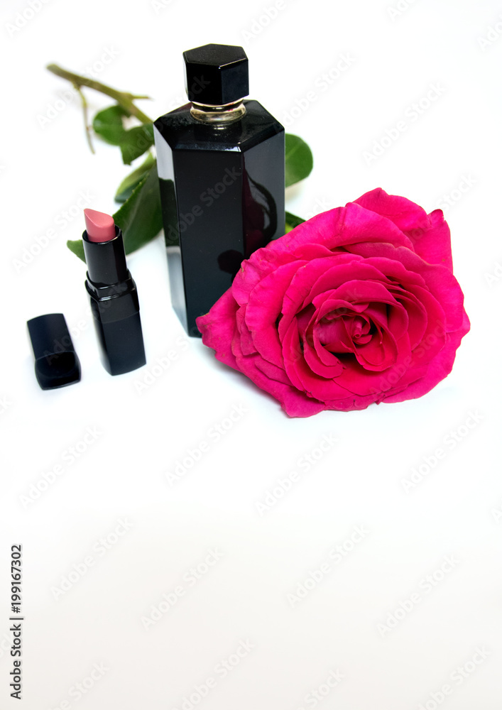 cosmetics with perfume, phone on a white background with copy space cosmetics with perfume, phone on a white background with copy space