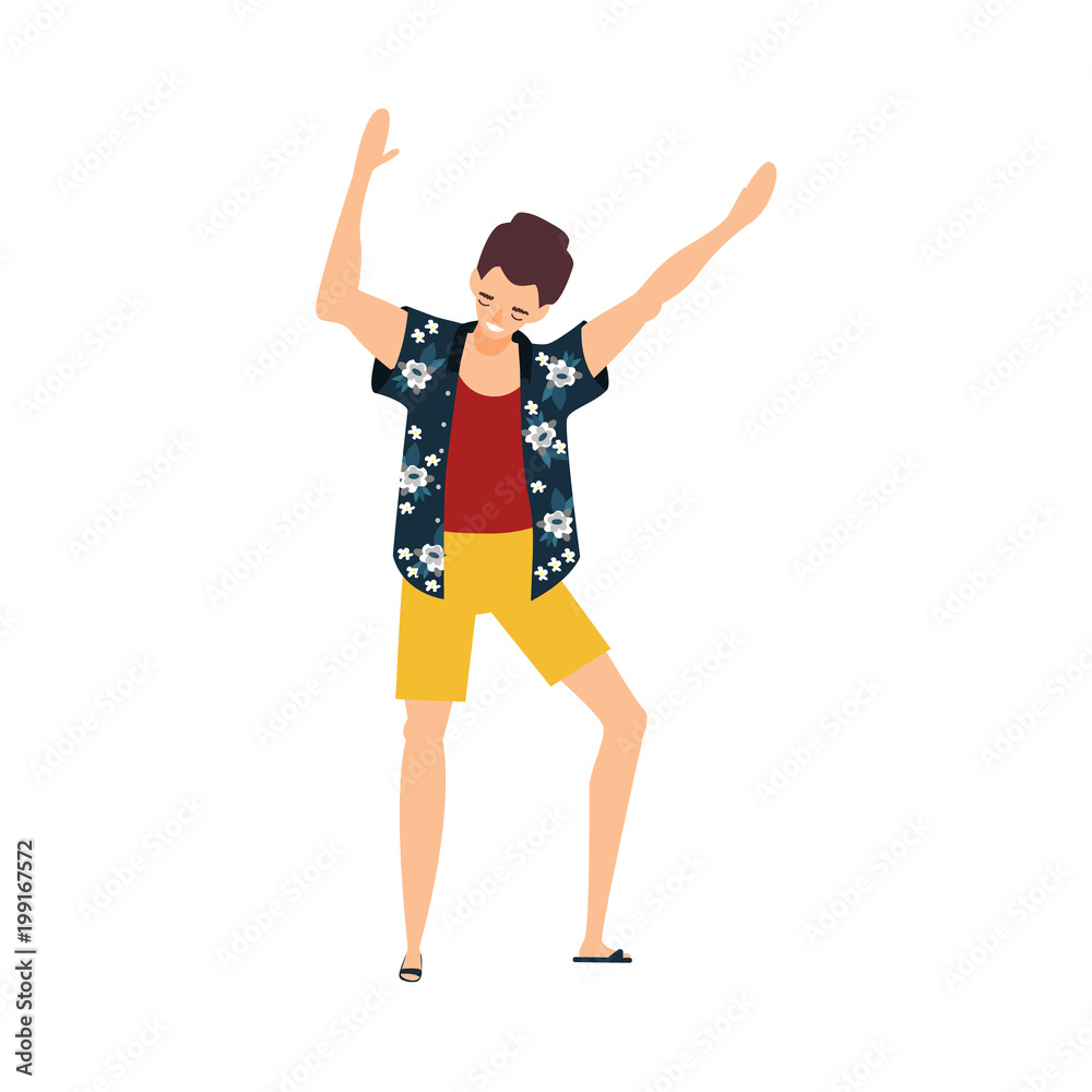 vector cartoon young adult man dancing at beach party in summer clothing, in shorts and shirt with flowers print raising hands up. Isolated illustration on a white background.