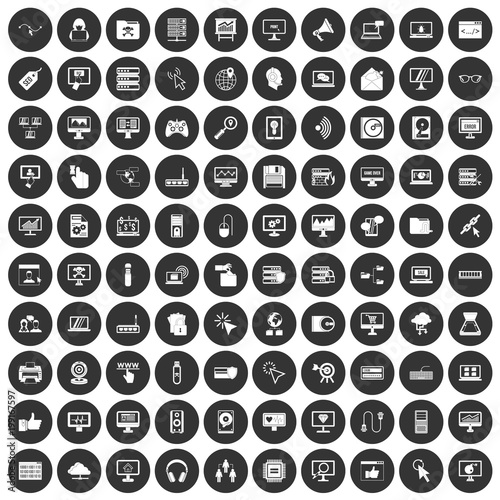 100 computer icons set black circle