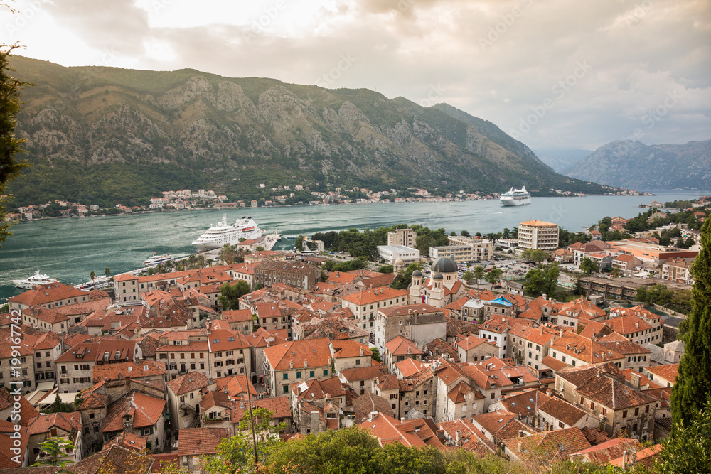 View of old town roofs in a Bay of Kotor from Lovcen mountain in Montenegro.