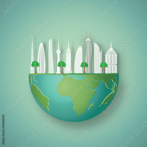 Modern buildings cityscape on hemisphere green world as business, nature, eco and love earth day concept. vector illustration of paper art and craft style.