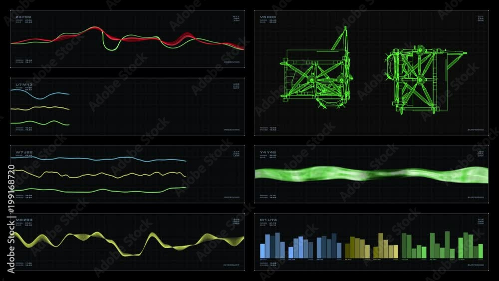 Multi-panel visual display: wireframe, animated line graphs, waveforms, readouts, indicators. Reversible seamless loop.  