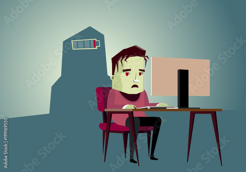 Tired zombie  working overtime on computer 