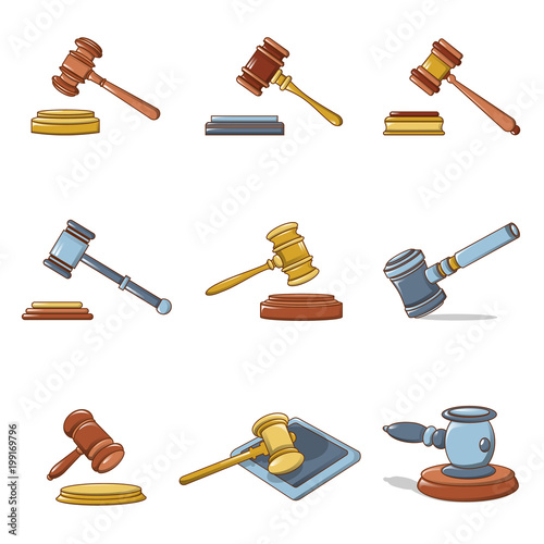 Judge hammer icons set, cartoon style