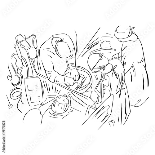 group of veterinarian surgery in operation room vector illustration sketch hand drawn with black lines isolated on white background