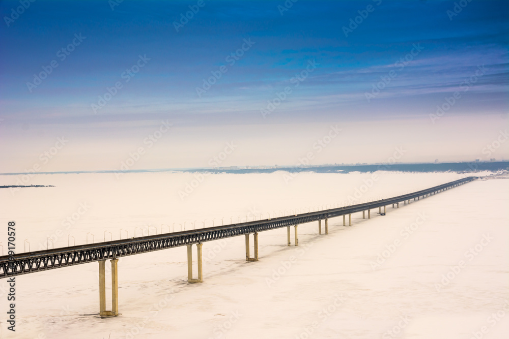 The third longest bridge in Russia.View of the Presidential Bridge in winter in Ulyanovsk.