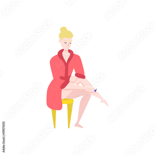 Vector flat girl in bathrobe, towel removing hair from leg with razor epilator sitting at chair. Woman hygiene, health skincare, cosmetics concept. Isolated illustration, white background.