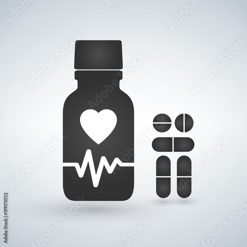 Cardio heart Pill bottle icon. Modern pill bottle for pills or capsules. Flat style vector illustration isolated on light background.
