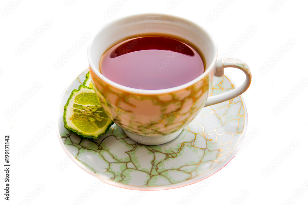 Hot tea with bergamot on white background in the cold. Winter. Hot tea with bergamot on white background in the cold. Winter.