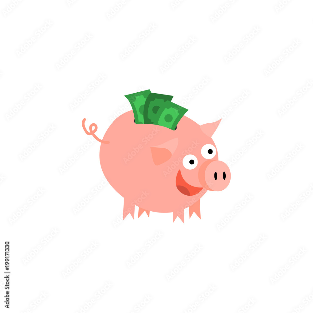 Cartoon piggy bank icon. Cheerful pig money box full of savings with happy facial expression. Business finance, banking rich and weath concept. Vector isolated background illustration Cartoon piggy bank icon. Cheerful pig money box full of savings with happy facial expression. Business finance, banking rich and weath concept. Vector isolated background illustration