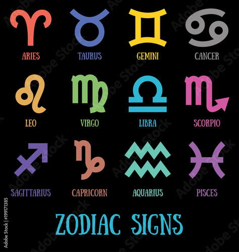 Zodiac signs: aquarius, virgo, capricorn, sagittarius, aries, gemini, scorpio, libra, leo, pisces, taurus, cancer. Astrological calendar collection, zodiacal pictogram, color line vector horoscope