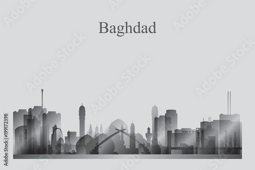 Baghdad city skyline silhouette in grayscale