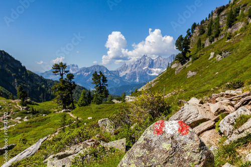 Hiking mark red white red on rock and mountain Dachstein photo