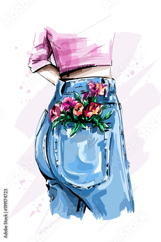 Stylish high waist back jeans. Women's ass in tight blue jeans. Flowers in pocket. Sketch.