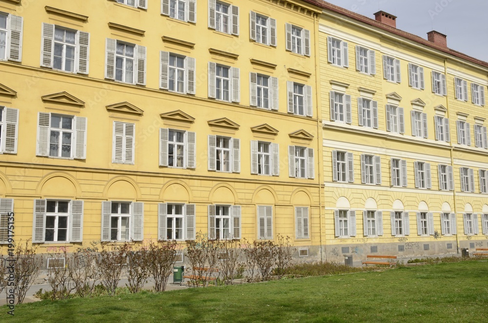 Row of yellow buildings in Graz, Austria