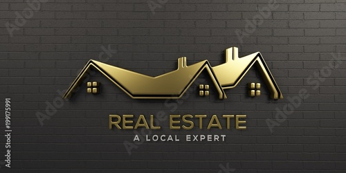 Real Estate Gold Logo Design. 3D Rendering Illustration