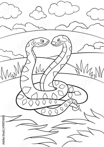 Coloring pages. Two little cute vipers smile.