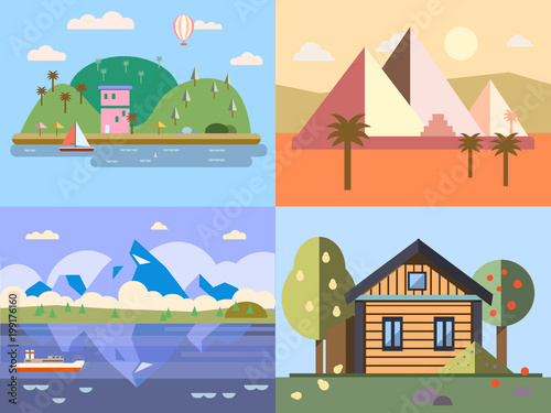 Color vector flat icon set and illustrations urban and village landscapes nature, mountains, lake, boating, vacation, sun, trees, house, mills, field, city factory pollution cars skyscrapers EPS