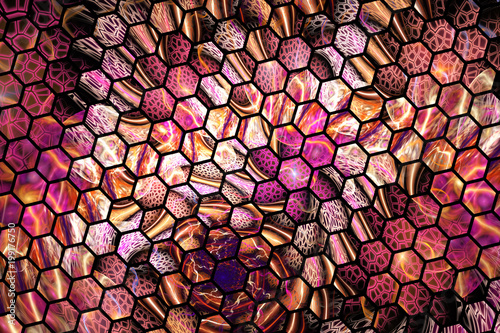 Abstract pink and orange hexagonal glass texture. Fractal background. Fantasy digital art. 3D rendering.