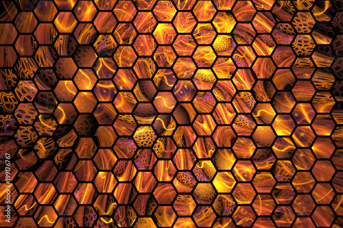 Abstract golden and orange hexagonal glass texture. Fractal background. Fantasy digital art. 3D rendering.