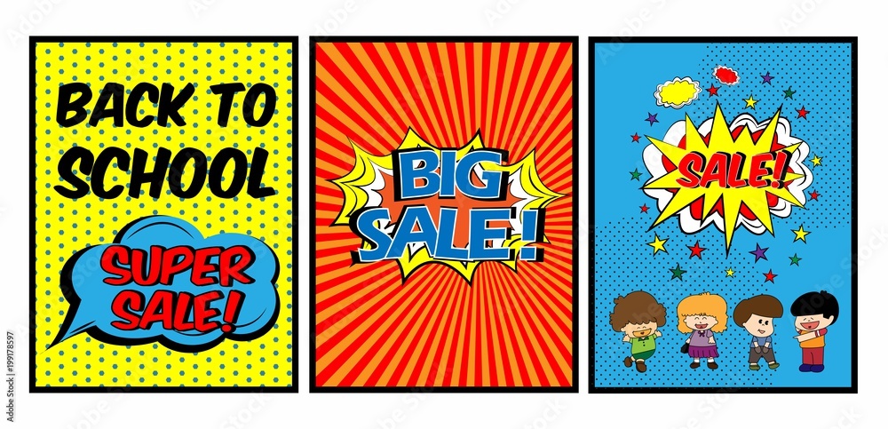 Colorful Pop art comic sale discount promotion back to school with four children feeling happy, Big sale template with speech bubble, clouds beams and halftone background. Vector illustration