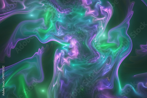 Abstract green and violet swirly shapes. Fantasy fractal texture. Digital art. 3D rendering. © Klavdiya Krinichnaya