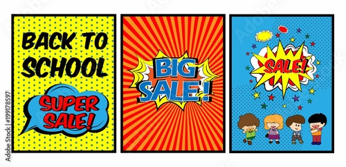 Colorful Pop art comic sale discount promotion back to school with four children feeling happy, Big sale template with speech bubble, clouds beams and halftone background. Vector illustration