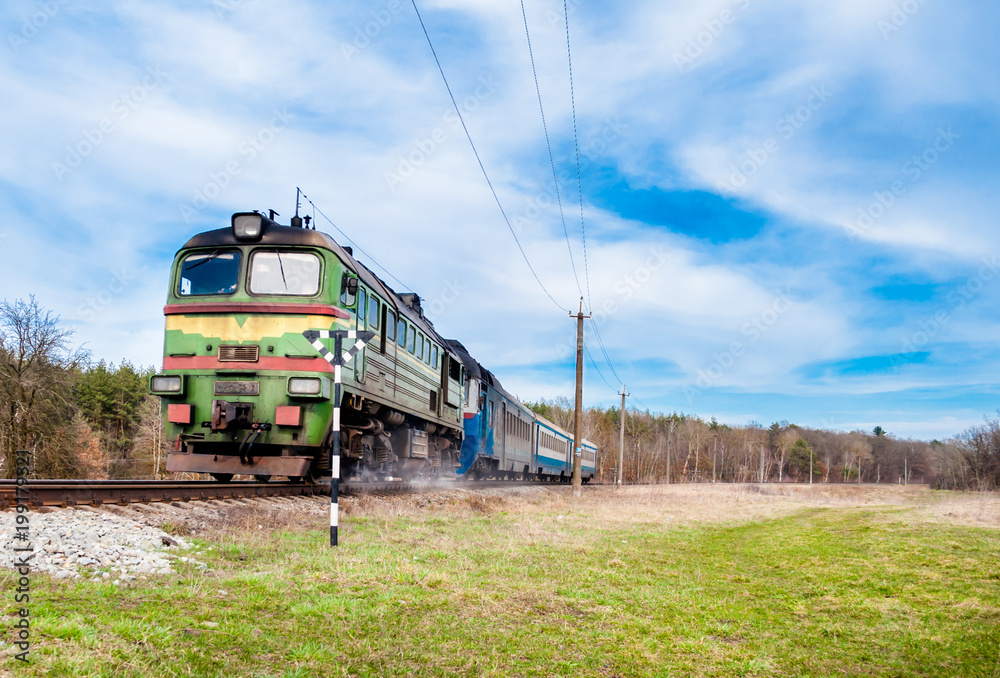 Naklejka premium train moves through the rails in forest