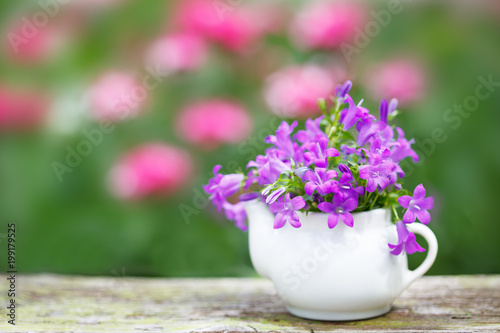 Bouquet of violet flowers in small porcelaine jug, against garden full of blurred flowers