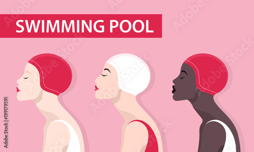 Female profile set. African, Asian and European girls in a rubber caps for the swimming pool. Vector Flat Illustration