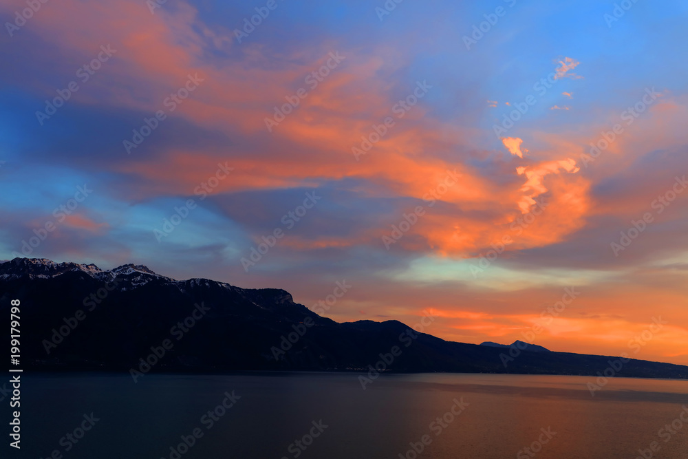 Fototapeta premium Sunset over Leman Lake, Geneva, Europe