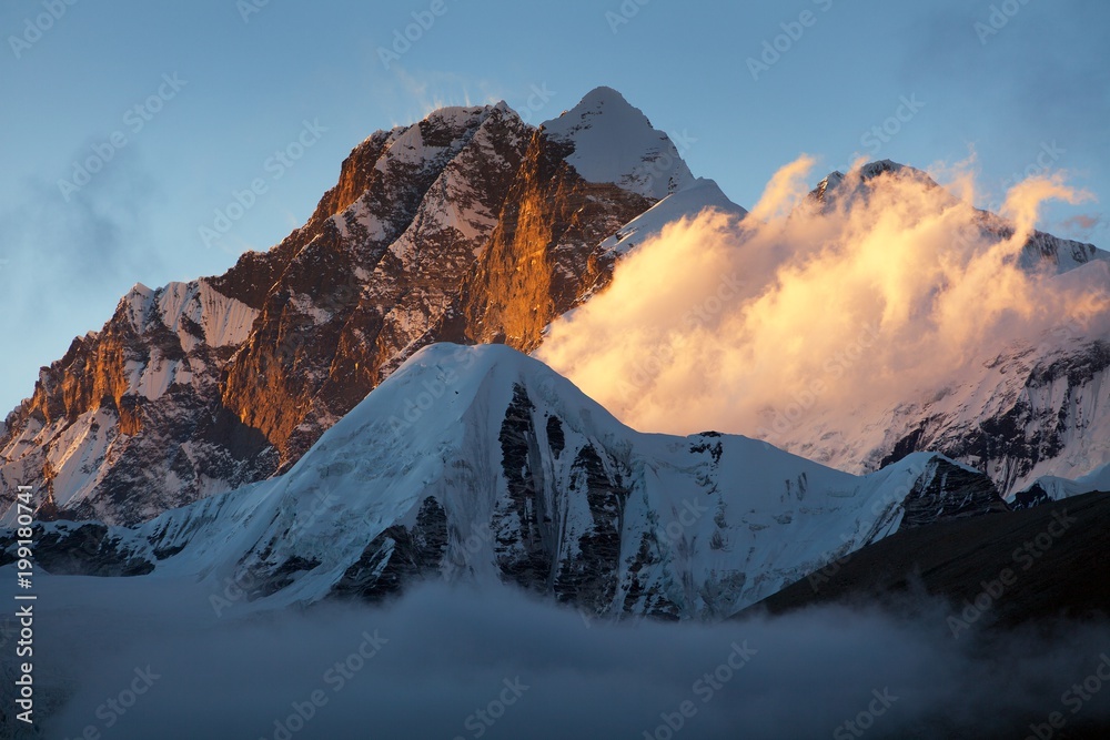 Evening sunset view of Mount Everest and Lhotse