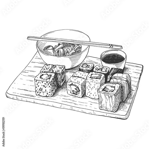 Hand drawn hatching sushi set on wooden board, isolated on white background. Vintage etching monochrome food design.
