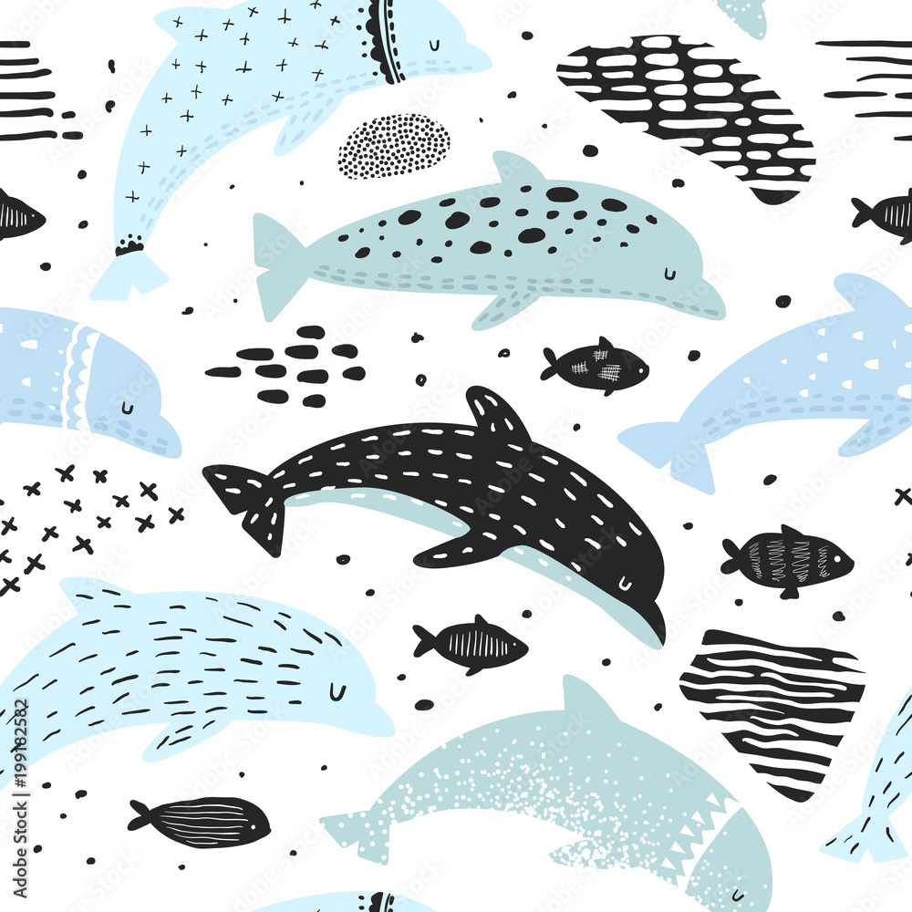 Obraz premium Morskie wzór z delfinami w dziecinnym stylu. Tło morskie stworzeń podwodnych z elementami abstrakcyjnymi do dekoracji. Ilustracji wektorowych