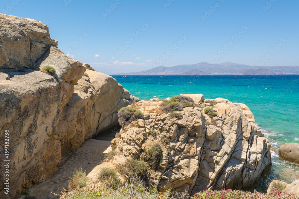 Rocky coast in Agia Anna beach. Naxos island. Greece