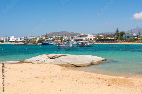 The picturesque port of Agia Anna,one of the most popular summer resorts of Naxos. Cyclades, Greece.