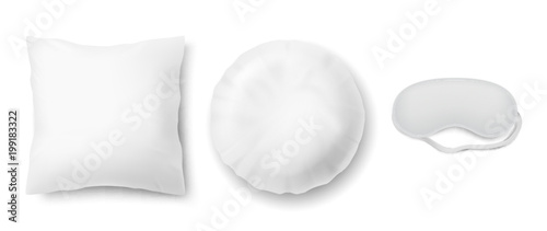 Vector realistic set with blindfold and two clean white pillows, square and round, isolated on background. Objects for sweet dreams in bedroom, mockup with blank cushions and mask for sleeping