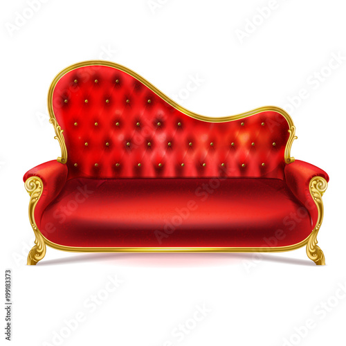 Vector realistic luxurious red leather, velvet or silk sofa with golden carved legs isolated on white background. Gilded antique royal couch in victorian style. Interior concept, vintage settee