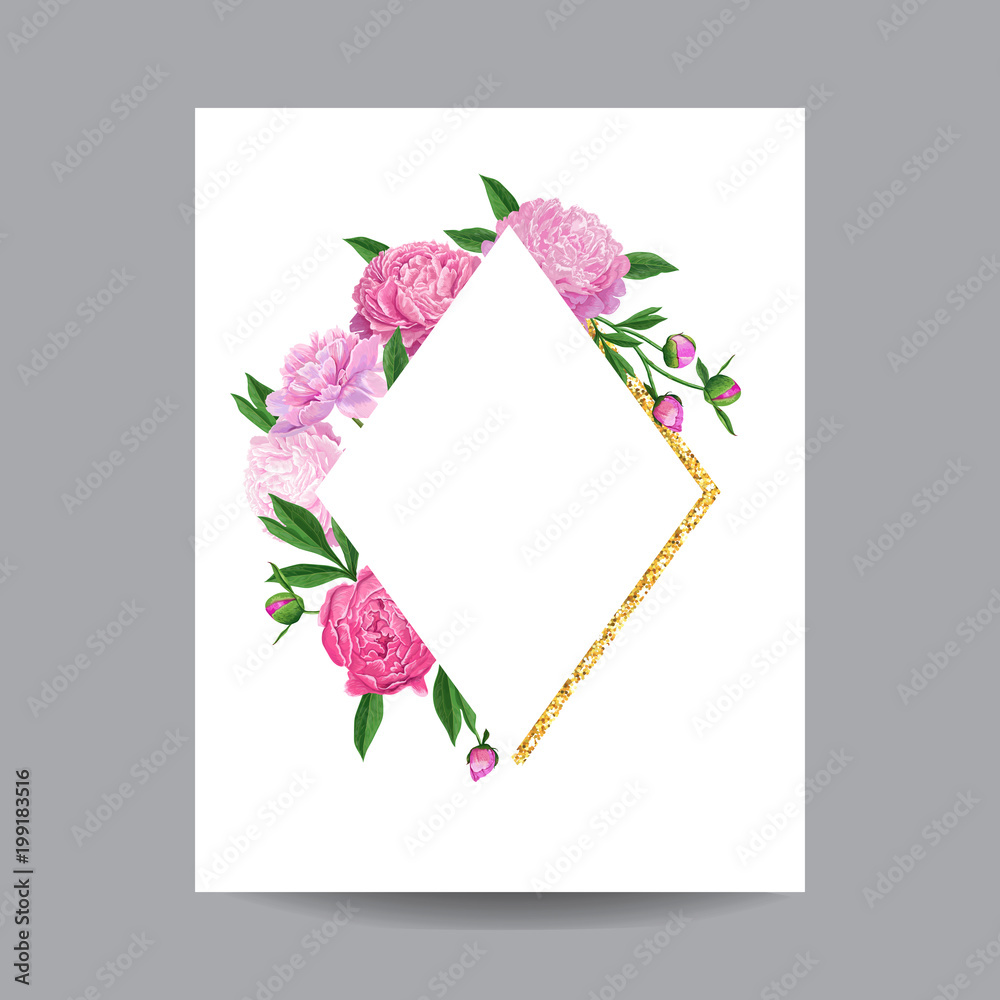 Blooming Spring and Summer Floral Golden Frame. Watercolor Pink Peonies Flowers for Invitation, Wedding, Baby Shower, Greeting Card, Poster. Vector illustration