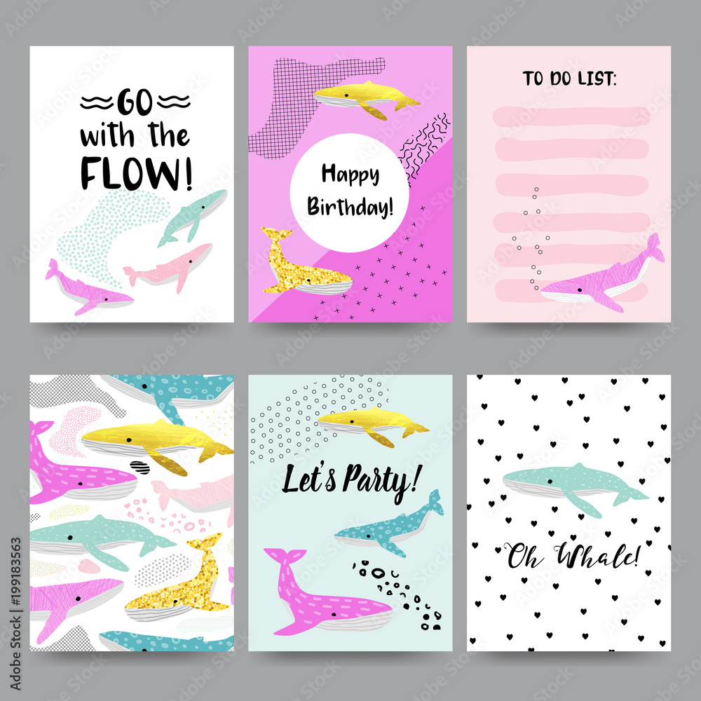 Cute Child Cards with Whales. Happy Birthday Invitation Templates with Underwater Creatures. Childish Marine Background for Posters, Decoration. Vector illustration