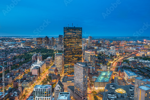Aerial view of Boston taken at the blue hour, Massachusetts, USA