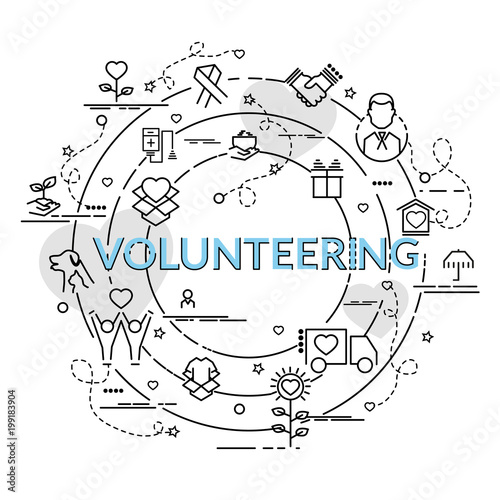 Flat colorful design concept for Volunteering. Infographic idea of making creative products..Template for website banner, flyer and poster.