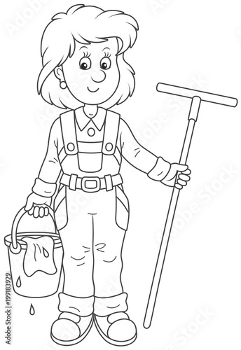 Smiling girl cleaner holding a swab and a bucket and going to wash a floor, a black and white vector illustration in cartoon style for a coloring book