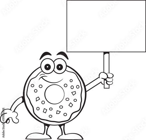 Black and white illustration of a happy donut holding a sign.
