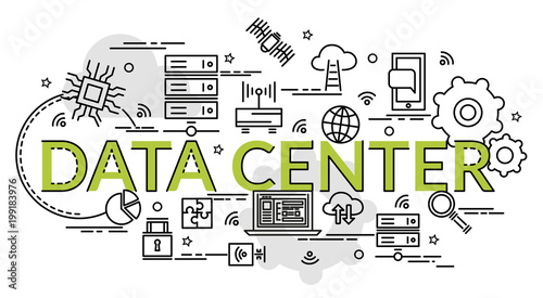 Flat colorful design concept for Data Center. Infographic idea of making creative products..Template for website banner, flyer and poster.