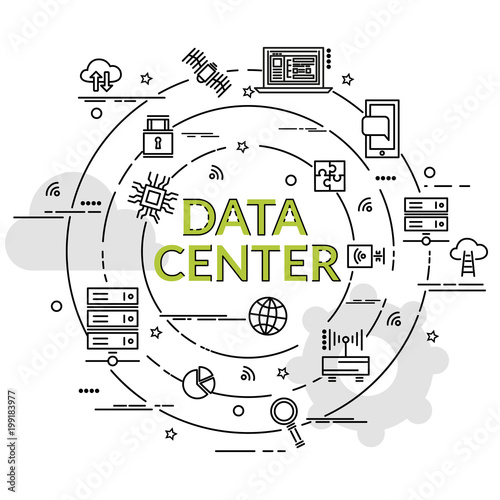 Flat colorful design concept for Data Center. Infographic idea of making creative products..Template for website banner, flyer and poster.
