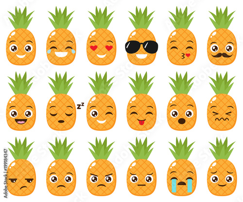 Vector set of cute pineapple emojis