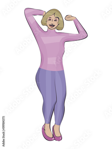plump, thick, cute girl with blond hair in a pink turtleneck in blue tight jeans in pink shiny shoes smiles and dances isolated on the white background