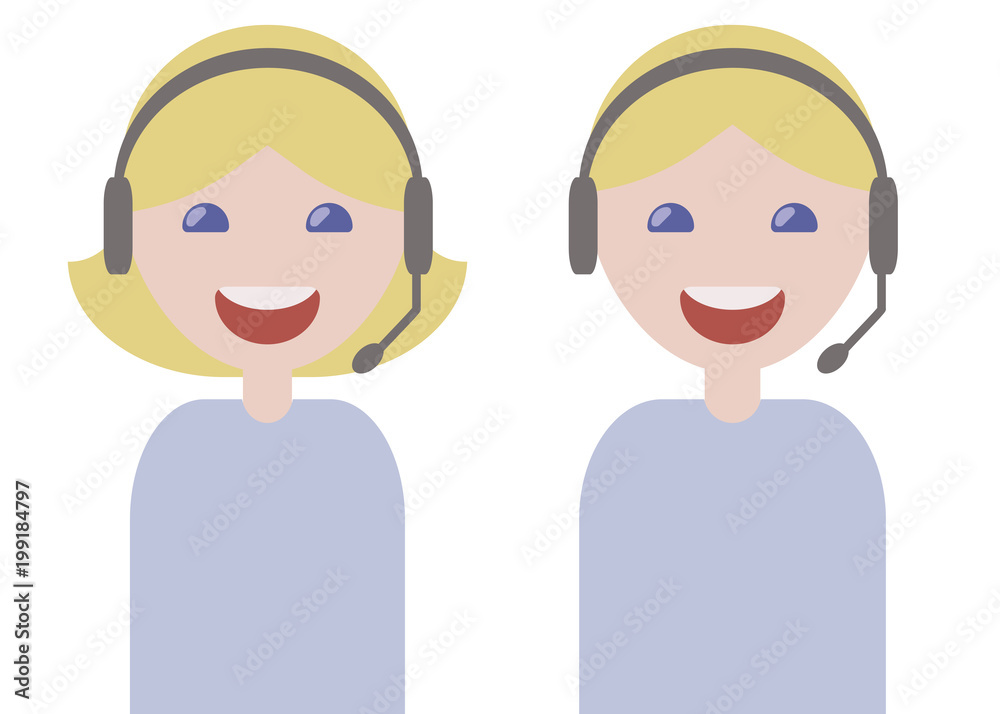 girl and guy operators phone headphones microphone smiling blondes in blue light t-shirts customer service issues isolated over white background girl and guy operators phone headphones microphone smiling blondes in blue light t-shirts customer service issues isolated over white background